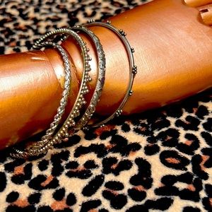 VINTAGE SET OF 4 SILVER CHARM BANGLES “LOVE HEARTS” “FLORAL” “WHEAT” “CROWN”